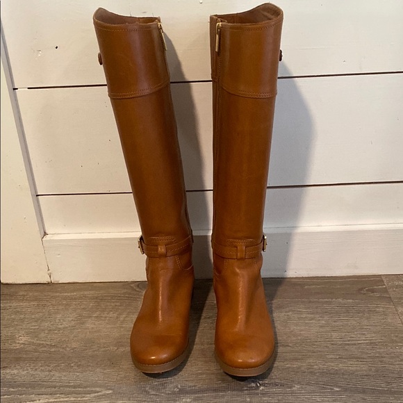 Michael Kors Brown Leather Riding Boots with Strap Detail - Picture 1 of 8